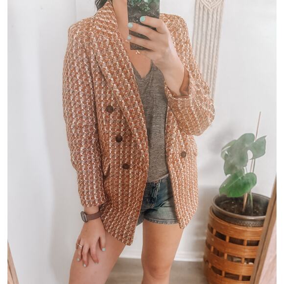 Primark Orange Tweed Oversized Blazer Jacket Size 6 Fall Harvest Business Casual - Picture 1 of 11
